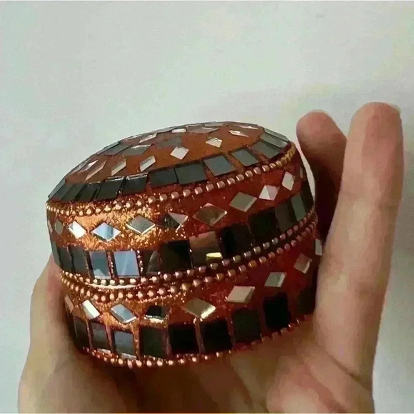 Bejeweled Orange Diamond  Jewelry Trinket Tin Bohemian Home Decor Organizer - Picture 4 of 8